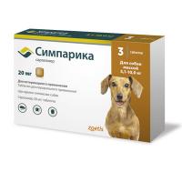 Zoetis симпарика 20 мг, жевательные таблетки от блох и клещей для собак от 5.1-10 кг, 3 таблетки. Упаковка на русском языке! Не контрафакт!