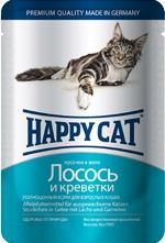 Happy Cat Консервы  для кошек нежные кусочки в желе лосось и креветки (пауч)